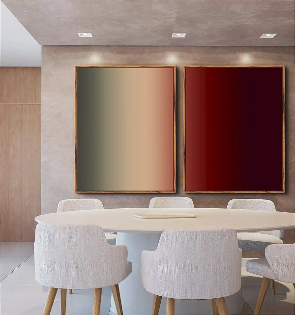 Duo de Quadros Abstrato Degradê Vermelho Vinho Bege Cinza Arte Canvas Moldura