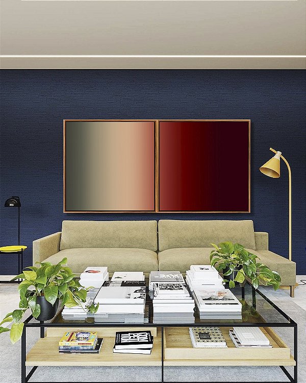 Duo de Quadros Quadrados Abstrato Degradê Vermelho Vinho Bege Cinza Arte Canvas Moldura