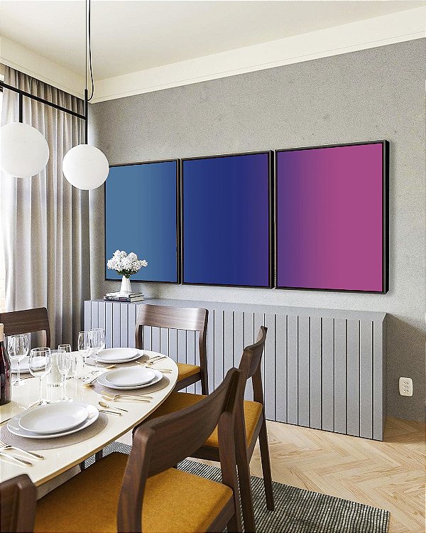 Trio de Quadros Abstrato Degradê Azul Petróleo Rosa Arte Canvas Moldura
