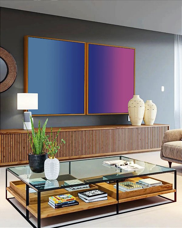 Duo de Quadros Abstrato Degradê Azul Petróleo Rosa Arte Canvas Moldura