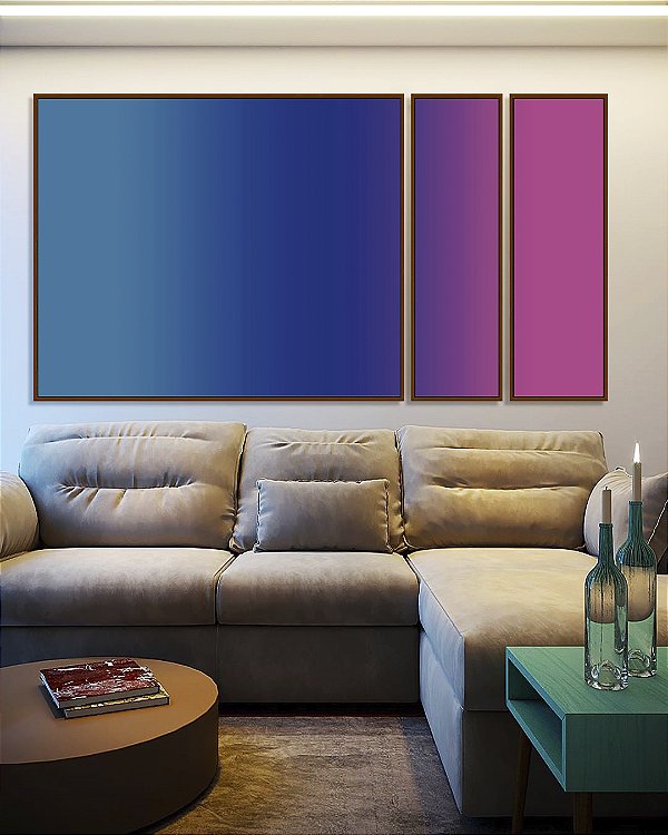 Trio de Quadros Estilizados Abstrato Degradê Azul Petróleo Rosa Arte Canvas Moldura