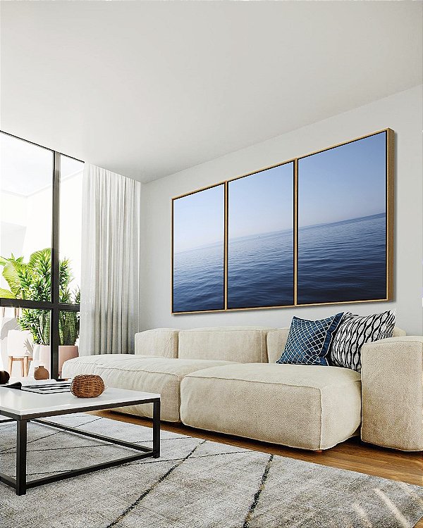 Trio de Quadros Mar Azul e Calmo Oceano Natureza Arte Canvas Moldura