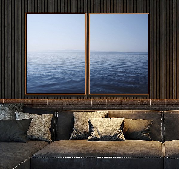 Duo de Quadros Mar Azul e Calmo Oceano Natureza Arte Canvas Moldura