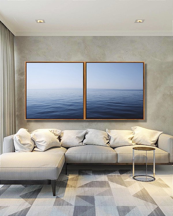 Duo de Quadros Quadrados Mar Azul e Calmo Oceano Natureza Arte Canvas Moldura