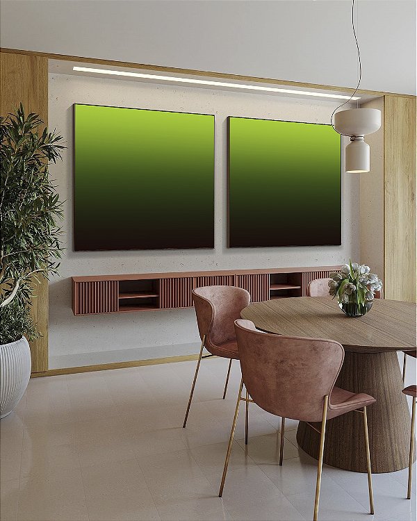 Duo de Quadros Quadrados Abstrato Degradê Tons Verde Claro Verde Escuro e Marrom Arte Canvas Moldura