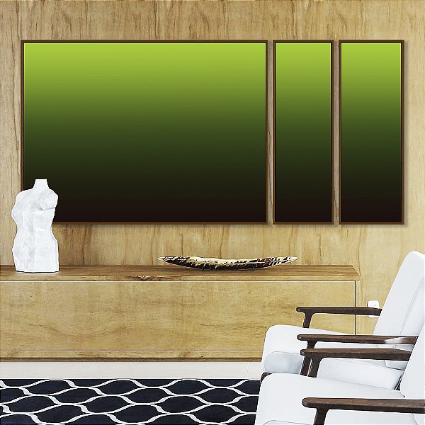 Trio de Quadros Estilizados Abstrato Degradê Tons Verde Claro Verde Escuro e Marrom Arte Canvas Moldura