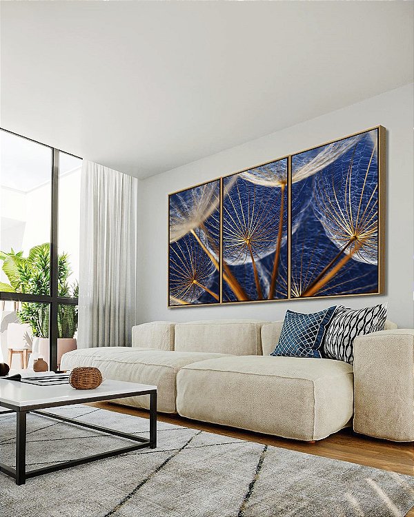 Trio de Quadros Flor Dente de Leão Tons de Cobre e Azul Natureza Arte Canvas Moldura