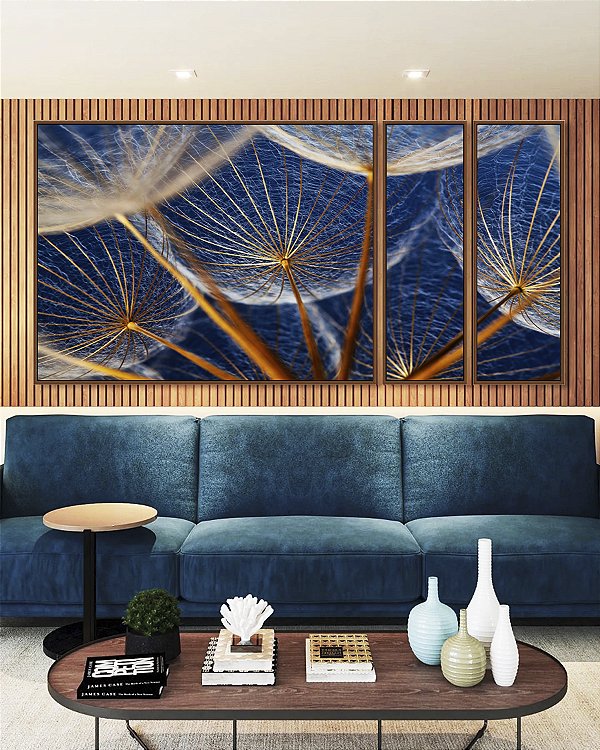 Trio de Quadros Estilizados Flor Dente de Leão Tons de Cobre e Azul Natureza Arte Canvas Moldura