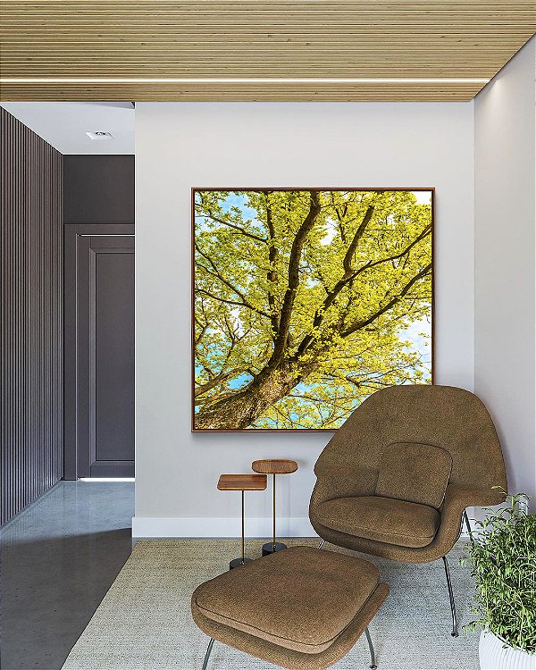 Quadro Quadrado Árvore com Folhas Verde Claro e Céu Limpo Turquesa Arte Canvas Moldura