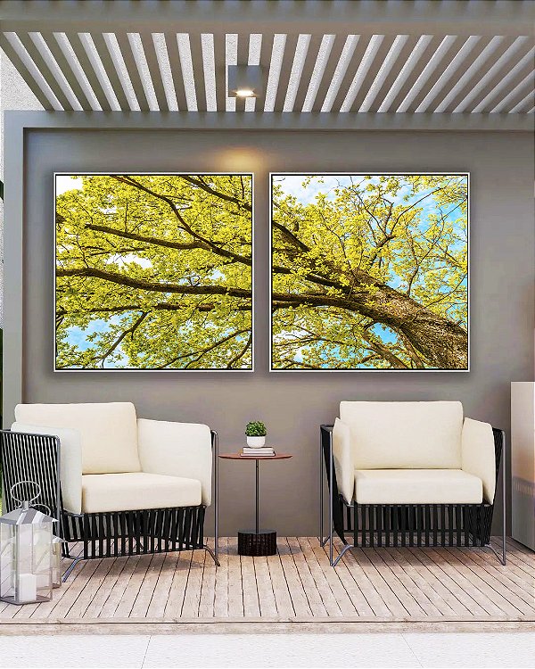 Duo de Quadros Quadrados Árvore com Folhas Verde Claro e Céu Limpo Turquesa Arte Canvas Moldura