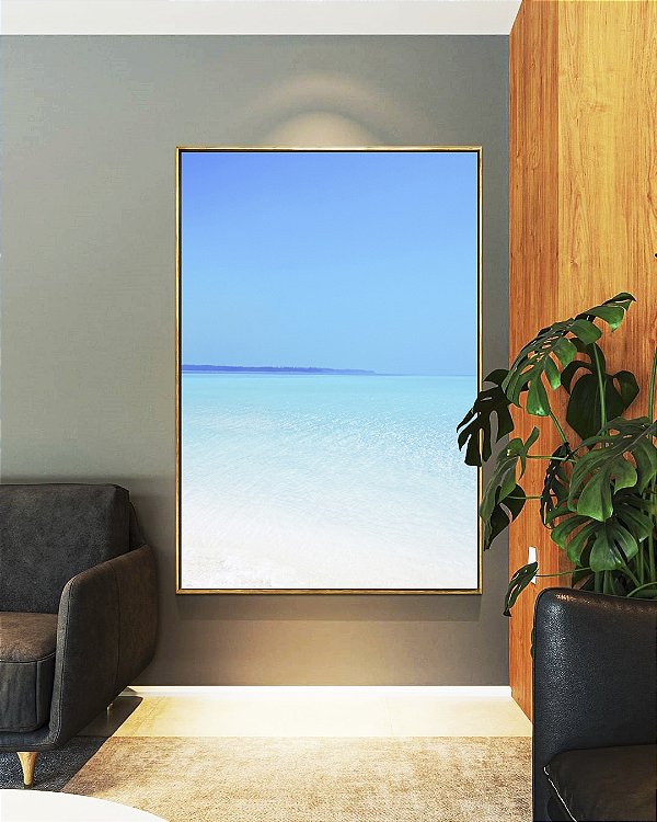 Quadro Vertical Praia Branca e Mar Azul Cristalino Paradisíaco Arte Canvas Moldura