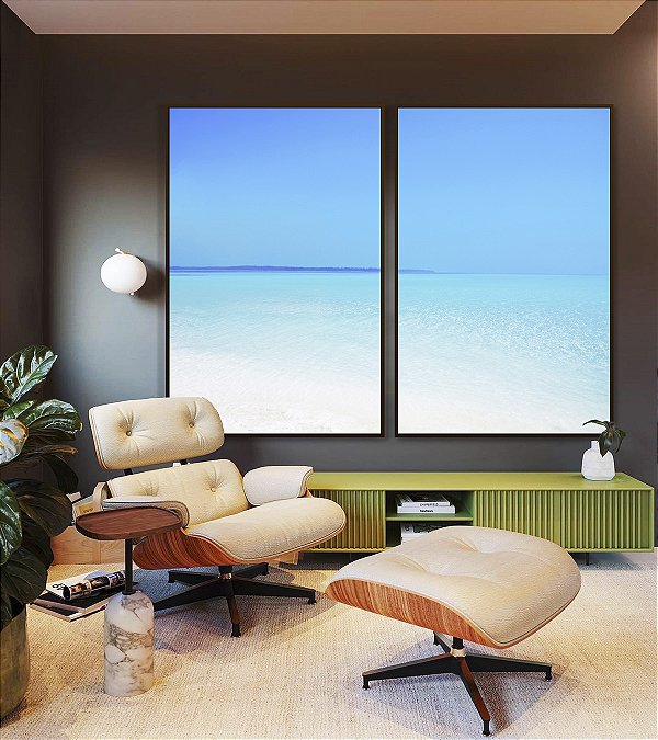 Duo de Quadros Praia Branca e Mar Azul Cristalino Paradisíaco Arte Canvas Moldura