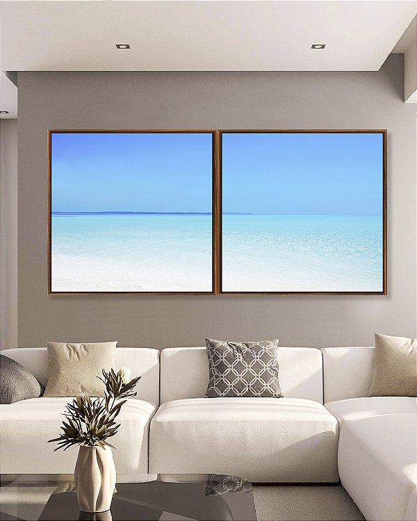 Duo de Quadros Quadrados Praia Branca e Mar Azul Cristalino Paradisíaco Arte Canvas Moldura