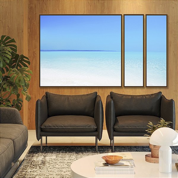 Trio de Quadros Estilizados Praia Branca e Mar Azul Cristalino Paradisíaco Arte Canvas Moldura