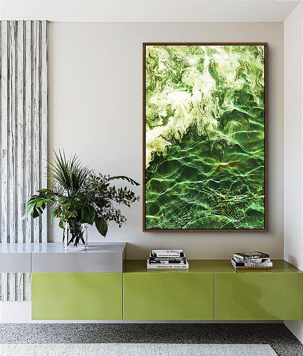 Quadro Vertical Abstrato Ondulado em Tons de Verde Arte Canvas Moldura