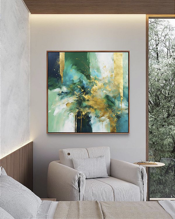 Quadro Quadrado Abstrato Em tons de Turquesa Verde e Dourado Arte Canvas Moldura