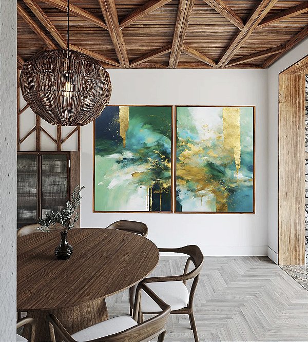Duo de Quadros Abstrato Em tons de Turquesa Verde e Dourado Arte Canvas Moldura