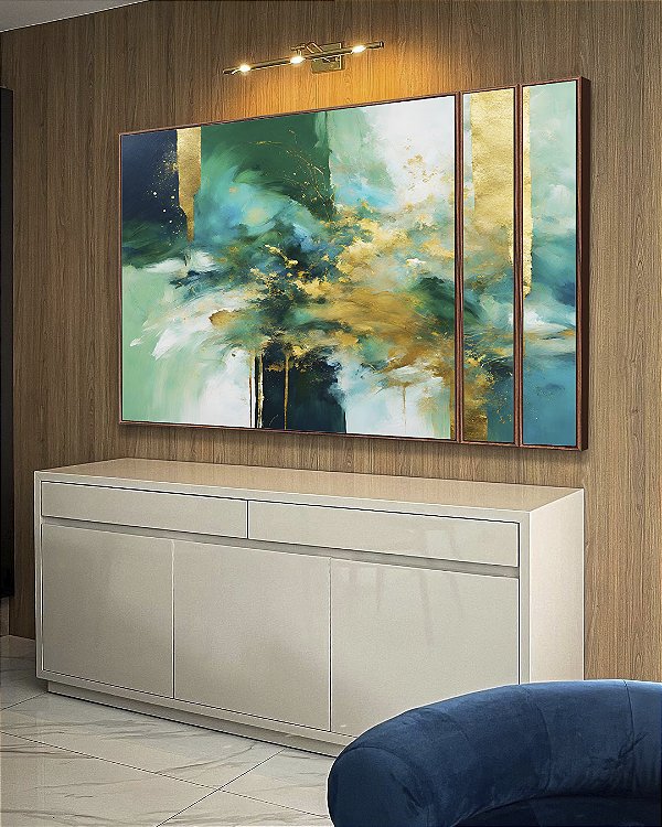 Trio de Quadros Estilizados Abstrato Em tons de Turquesa Verde e Dourado Arte Canvas Moldura
