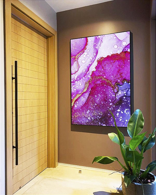 Quadro Vertical Abstrato Rosa Lilás e Dourado Arte Fluída Canvas Moldura