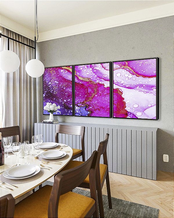 Trio de Quadros Abstrato Rosa Lilás e Dourado Arte Fluída Canvas Moldura