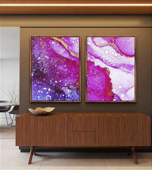 Duo de Quadros Abstrato Rosa Lilás e Dourado Arte Fluída Canvas Moldura