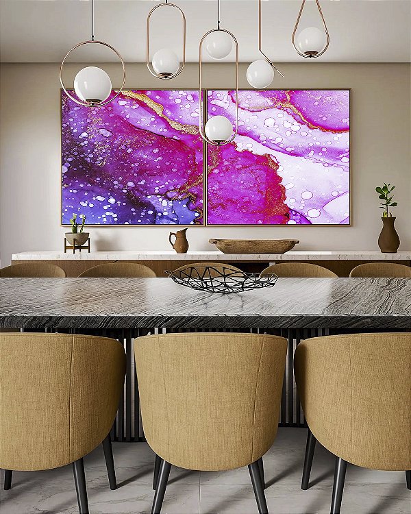 Duo de Quadros Quadrados Abstrato Rosa Lilás e Dourado Arte Fluída Canvas Moldura