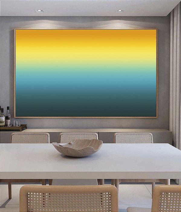 Quadro Horizontal Abstrato Degradê Amarelo Ouro e Azul Turquesa Canvas Moldura