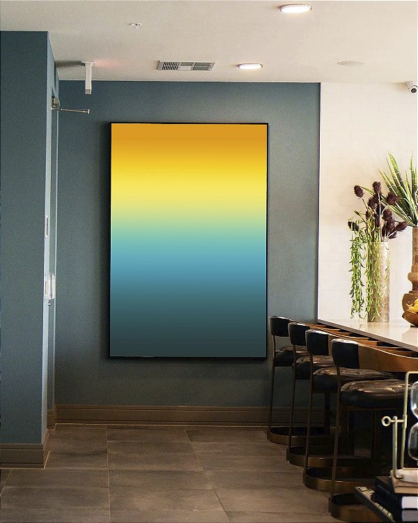 Quadro Vertical Abstrato Degradê Amarelo Ouro e Azul Turquesa Canvas Moldura