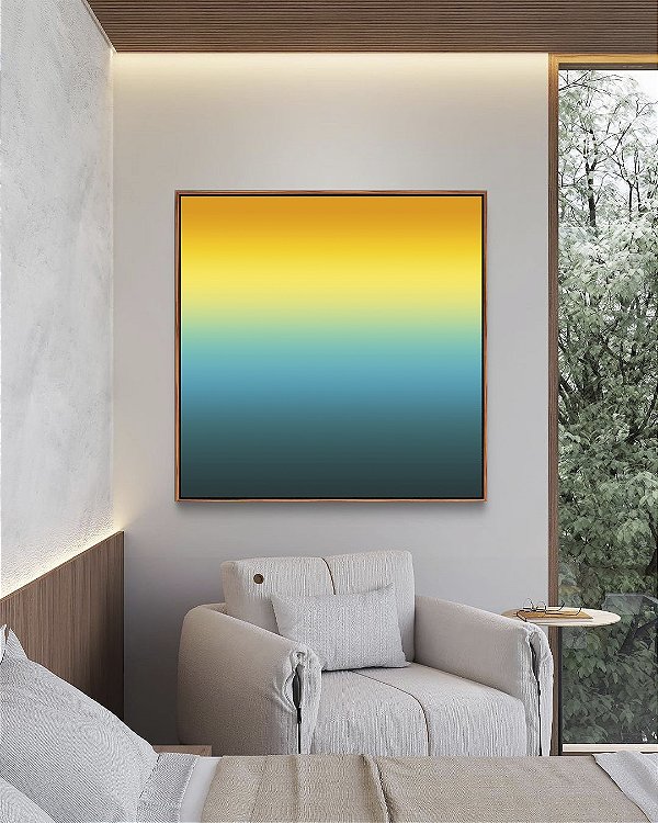 Quadro Quadrado Abstrato Degradê Amarelo Ouro e Azul Turquesa Canvas Moldura