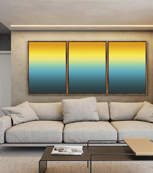 Trio de Quadros Abstrato Degradê Amarelo Ouro e Azul Turquesa Canvas Moldura