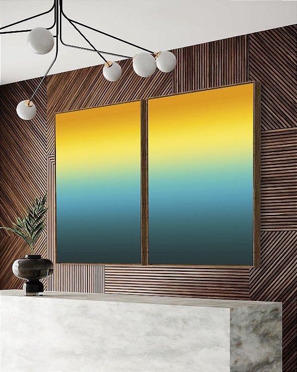Duo de Quadros Abstrato Degradê Amarelo Ouro e Azul Turquesa Canvas Moldura
