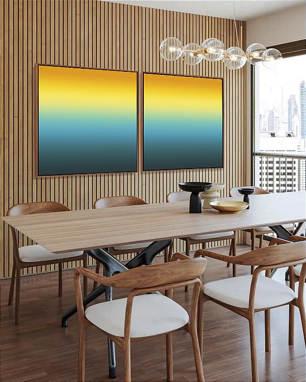 Duo de Quadros Quadrados Abstrato Degradê Amarelo Ouro e Azul Turquesa Canvas Moldura