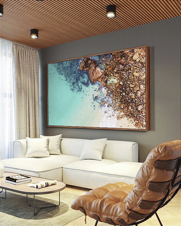 Quadro Horizontal Mar Turquesa Cristalino com Praia Areia Pedras Canvas Moldura