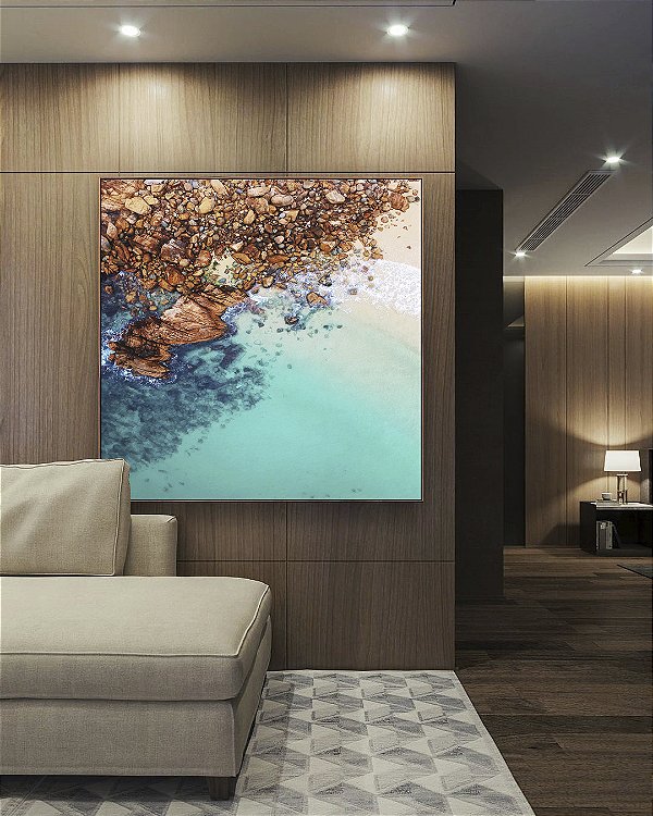Quadro Quadrado Mar Turquesa Cristalino com Praia Areia Pedras Canvas Moldura