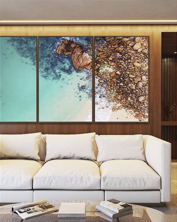Trio de Quadros Mar Turquesa Cristalino com Praia Areia Pedras Canvas Moldura