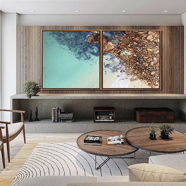 Duo de Quadros Quadrados Mar Turquesa Cristalino com Praia Areia Pedras Canvas Moldura