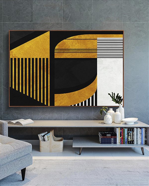Quadro Horizontal Abstrato Geométrico Linear Preto Dourado Branco Canvas