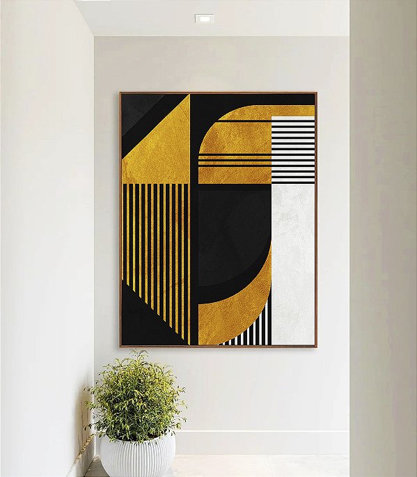 Quadro Vertical Abstrato Geométrico Linear Preto Dourado Branco Canvas