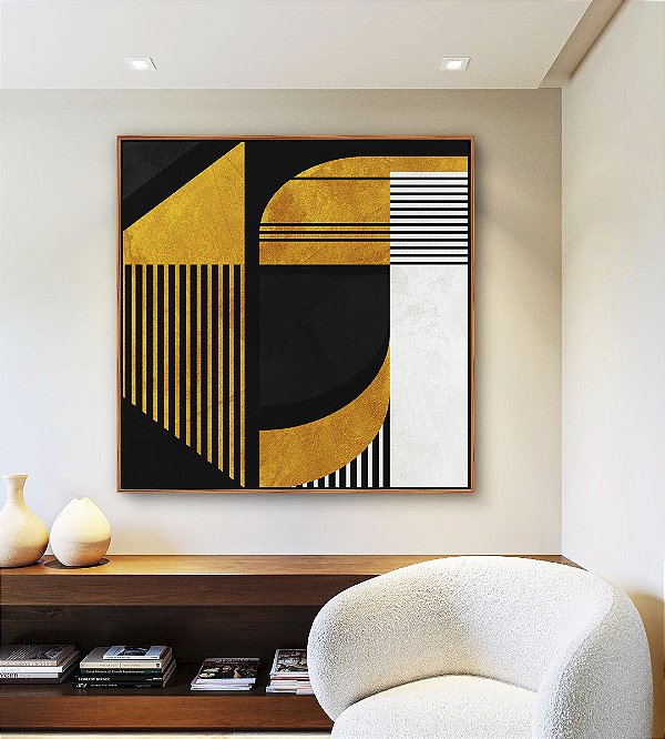 Quadro Quadrado Abstrato Geométrico Linear Preto Dourado Branco Canvas