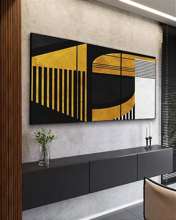 Trio de Quadros Abstrato Geométrico Linear Preto Dourado Branco Canvas