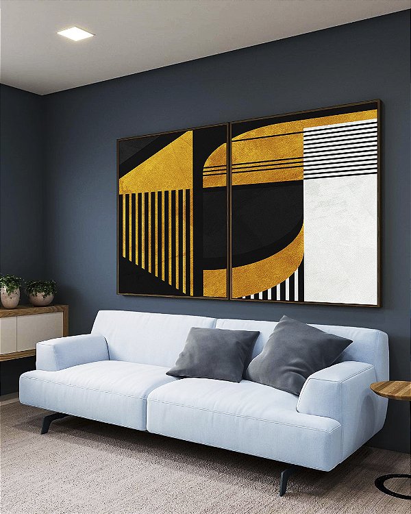 Duo de Quadros Abstrato Geométrico Linear Preto Dourado Branco Canvas