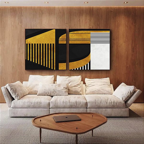 Duo de Quadros Quadrados Abstrato Geométrico Linear Preto Dourado Branco Canvas