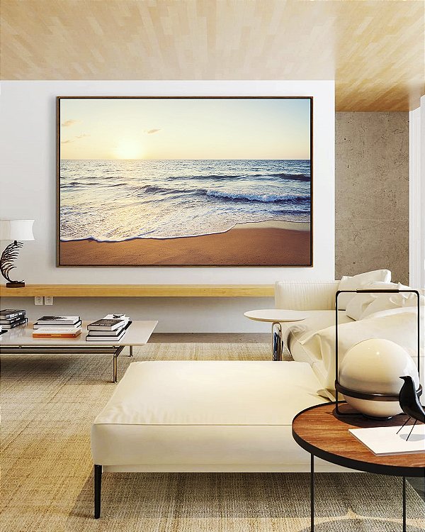 Quadro Horizontal Pôr do Sol Sereno na Praia Mar Tons Dourados Canvas Moldura