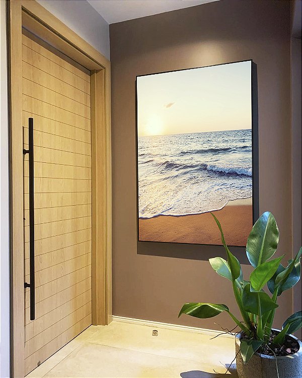 Quadro Vertical Pôr do Sol Sereno na Praia Mar Tons Dourados Canvas Moldura
