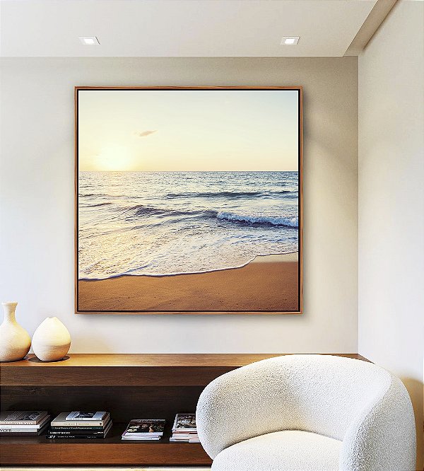 Quadro Quadrado Pôr do Sol Sereno na Praia Mar Tons Dourados Canvas Moldura