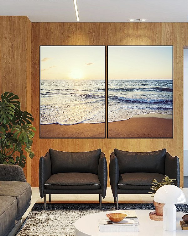 Duo de Quadros Pôr do Sol Sereno na Praia Mar Tons Dourados Canvas Moldura