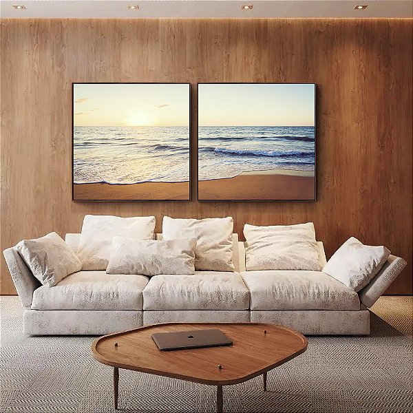 Duo de Quadros Quadrados Pôr do Sol Sereno na Praia Mar Tons Dourados Canvas Moldura