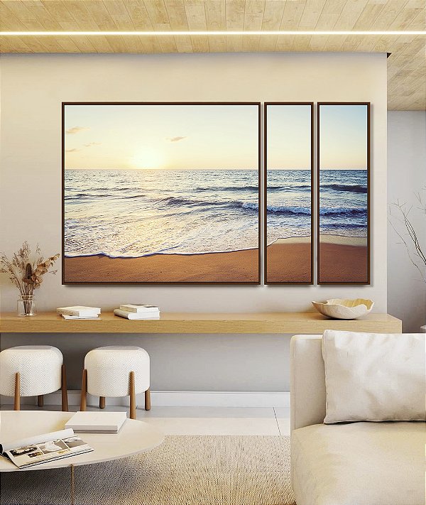 Trio de Quadros Estilizados Pôr do Sol Sereno na Praia Mar Tons Dourados Canvas Moldura