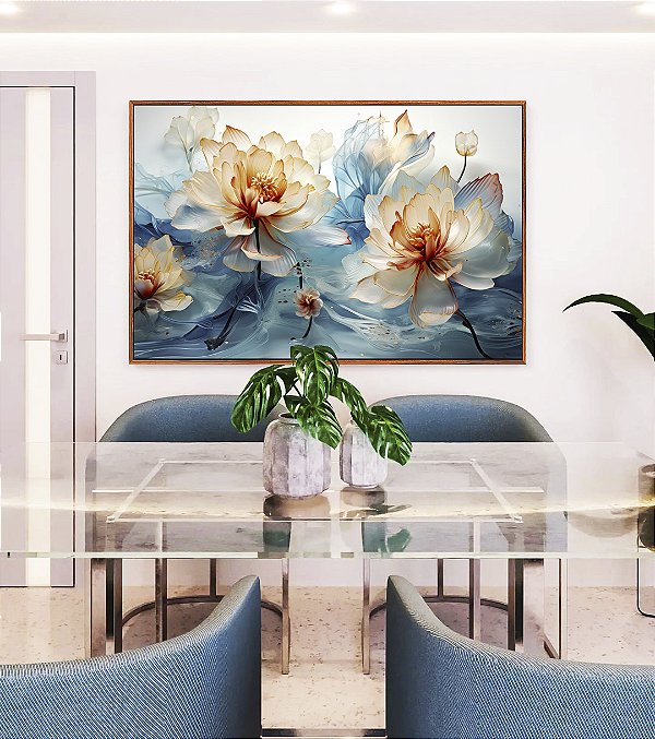 Quadro Horizontal Flores Brancas Douradas Azuis Delicadas Canvas Moldura