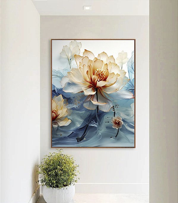 Quadro Vertical Flores Brancas Douradas Azuis Delicadas Canvas Moldura
